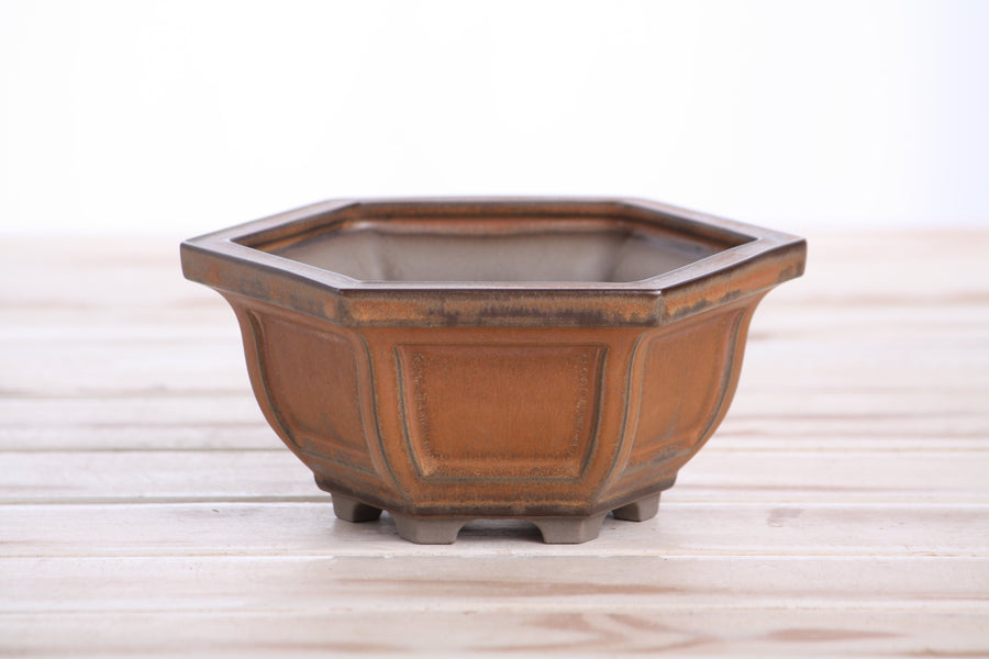 5-Inch Hexagonal Windowed Semi-Cascade Bonsai Pot - Deep Stone