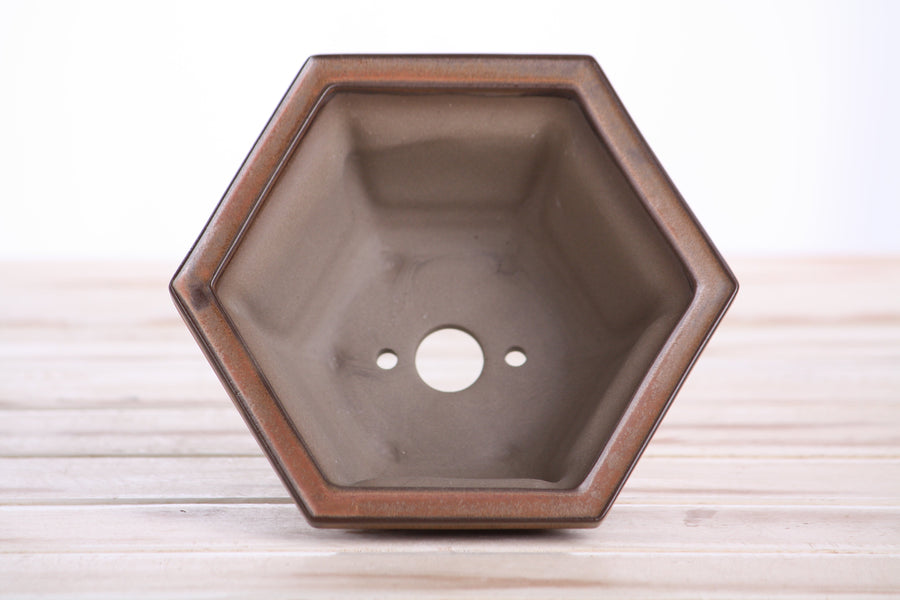5-Inch Hexagonal Windowed Semi-Cascade Bonsai Pot - Deep Stone