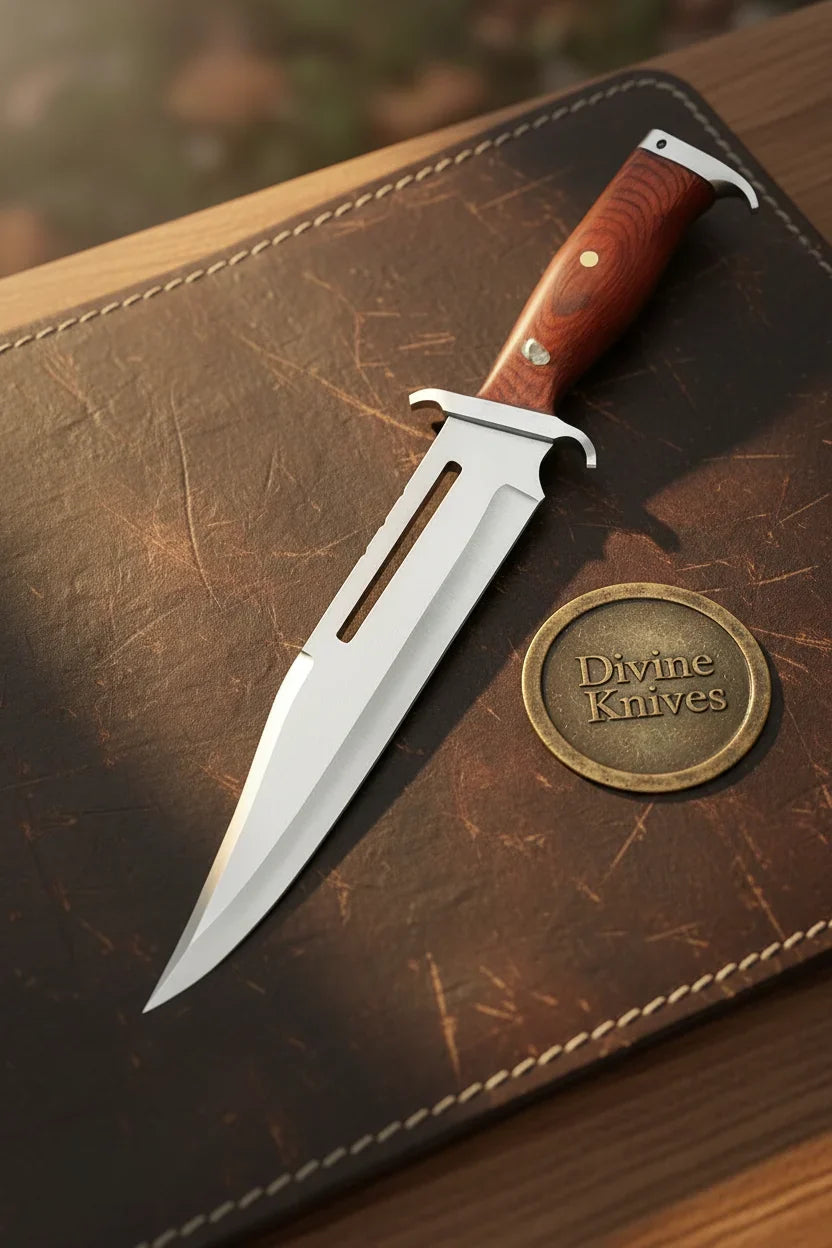 Slotted Blade Rambo Dundee Bowie Knife with Long Fuller Blade