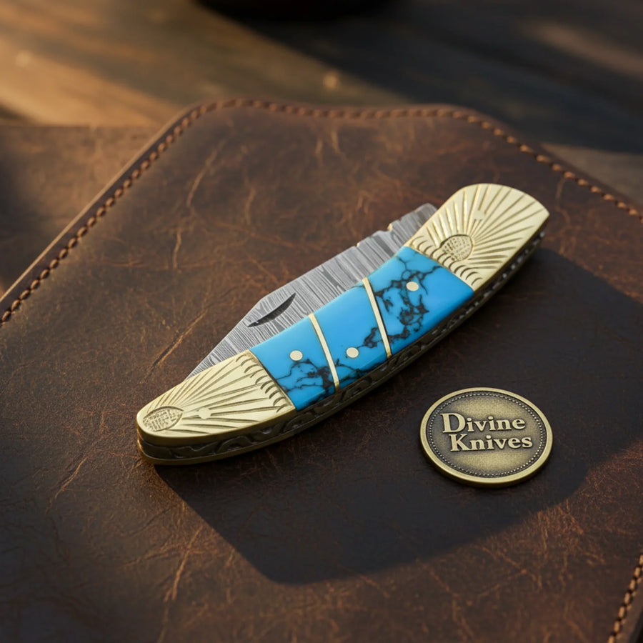 Engraved Brass Bolster Damascus Folder with Turquoise Scales and Sharpening Rod