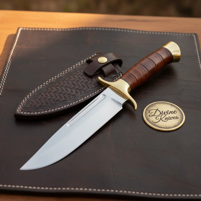 Leather Washer Handle Bowie Knife with Fullered Clip Point Blade and Herringbone Sheath
