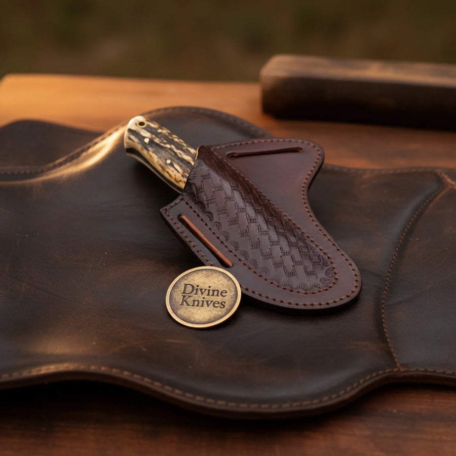 Stag Handle Ranch Skinner Knife with Forged Drop Point Blade and Basketweave Sheath