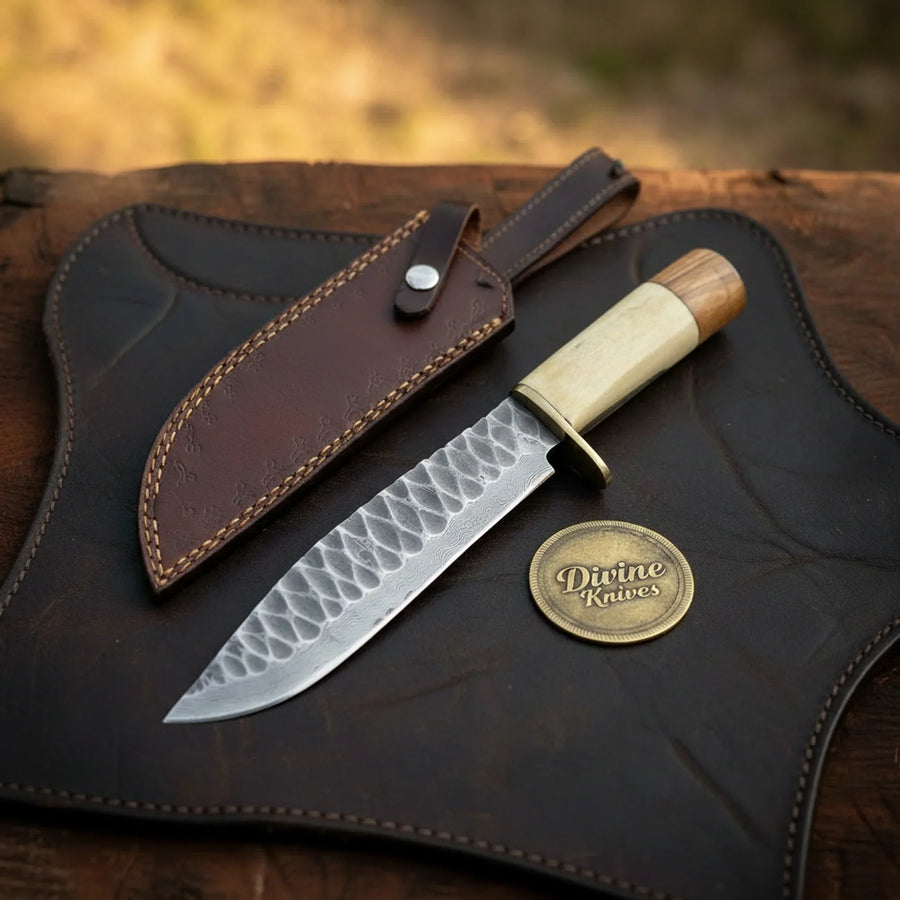 Hammered Bone Handle Camp Knife with Dimpled Forged Blade and Snap Leather Sheath