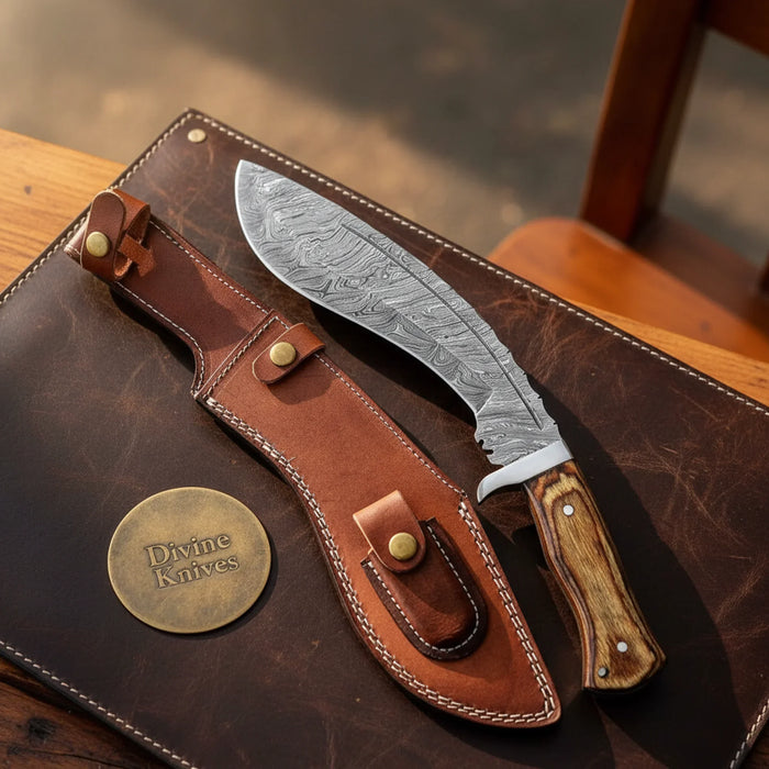 Hardwood Damascus Gurkha Kukri with Natural Wood Handle
