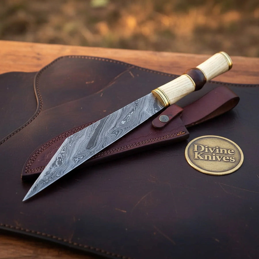 Barrel Grip Damascus Broken-Back Seax Knife with Bone and Wood Handle