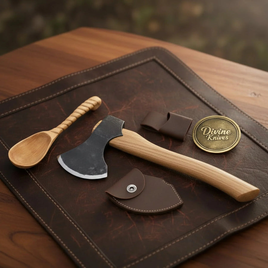 Bushcraft Carving Hatchet with Hickory Wood Handle & Leather Blade Sheath