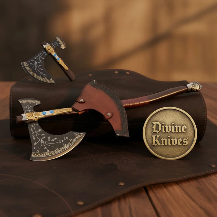 Norse Rune Etched Viking Axe with Gold Brass Bolster & Blue Stone Inlays