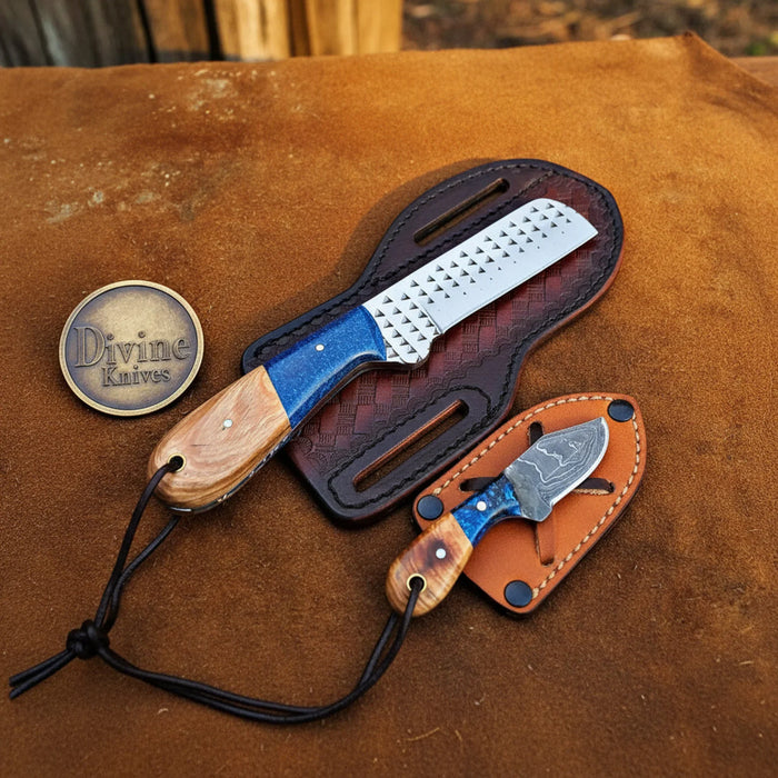 Rasp Steel Bull Cutter & Mini Neck Knife Set with Ridge Blue Resin
