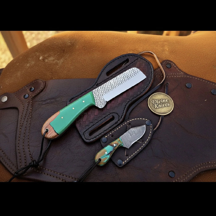 Green Resin Wood Bull Cutter & Neck Knife with a Shared Color Story