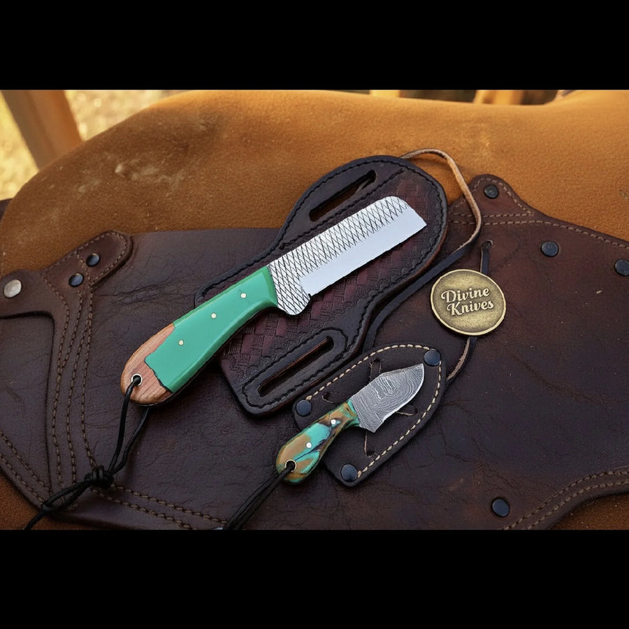 Green Resin Wood Bull Cutter & Neck Knife with a Shared Color Story