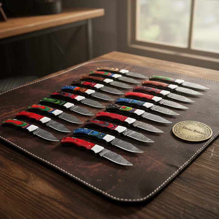 Damascus Folding Pocket Knife Lot with Assorted Color Handles