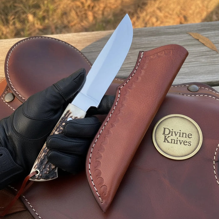 Stag Horn Drop Point Hunting Knife with Leather Sheath
