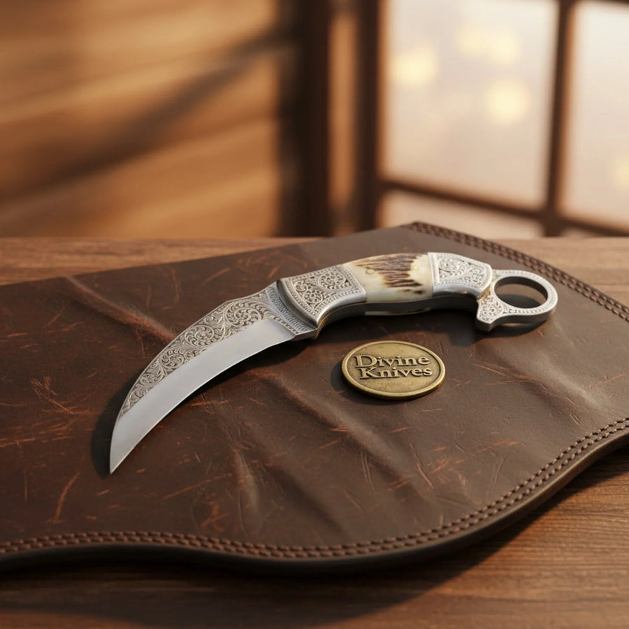 Engraved Twin Karambit Knife Set with Scrollwork Blades and Stag Handles