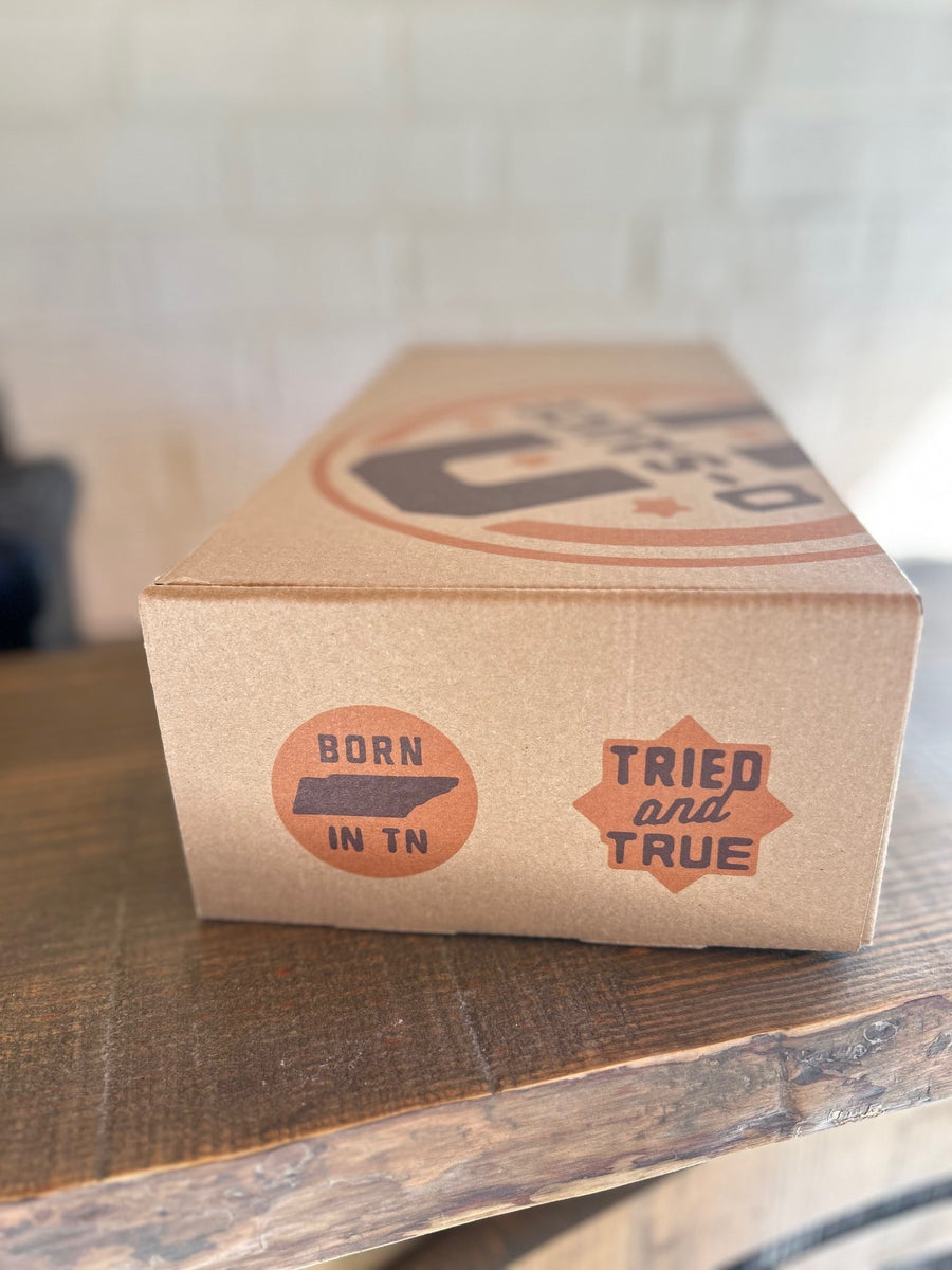 End of Whole Hog gift box with Born in TN and Tried and True graphics