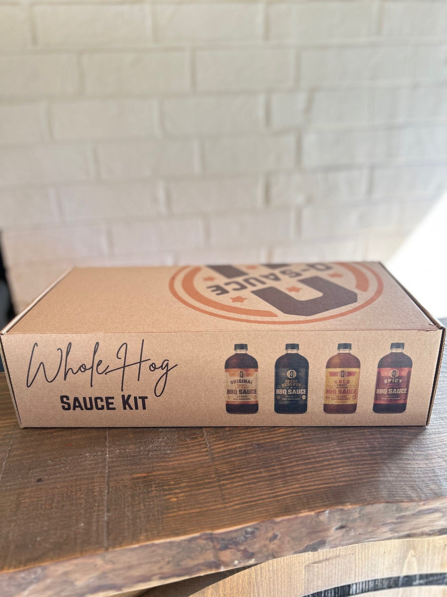 Side of Whole Hog gift box showing four-sauce assortment
