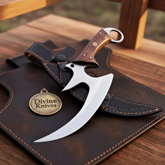 Hooked Ring Handle Skinner Knife with Wood Handle and Sheath
