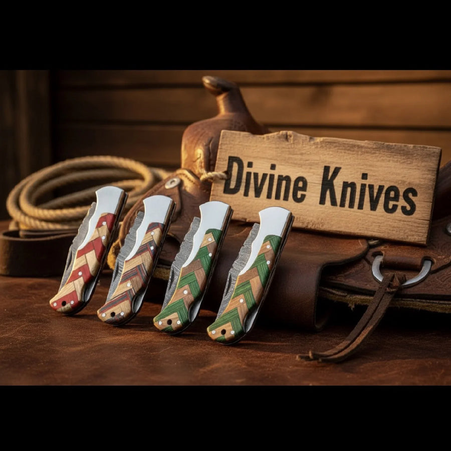 5-Piece Chevron Inlay Folding Knife Set with Wood Mosaic Handles