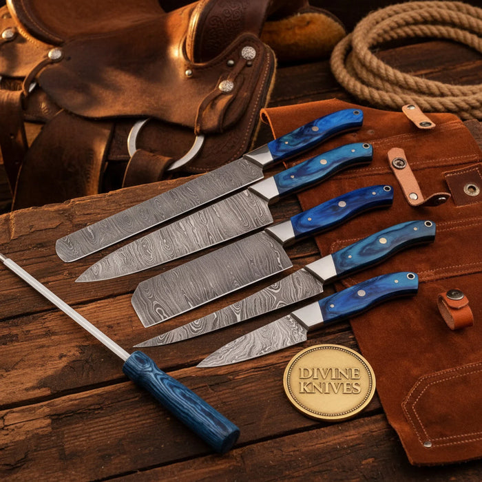 6-Piece Blue Handle Chef Knife Set with Sharpening Rod