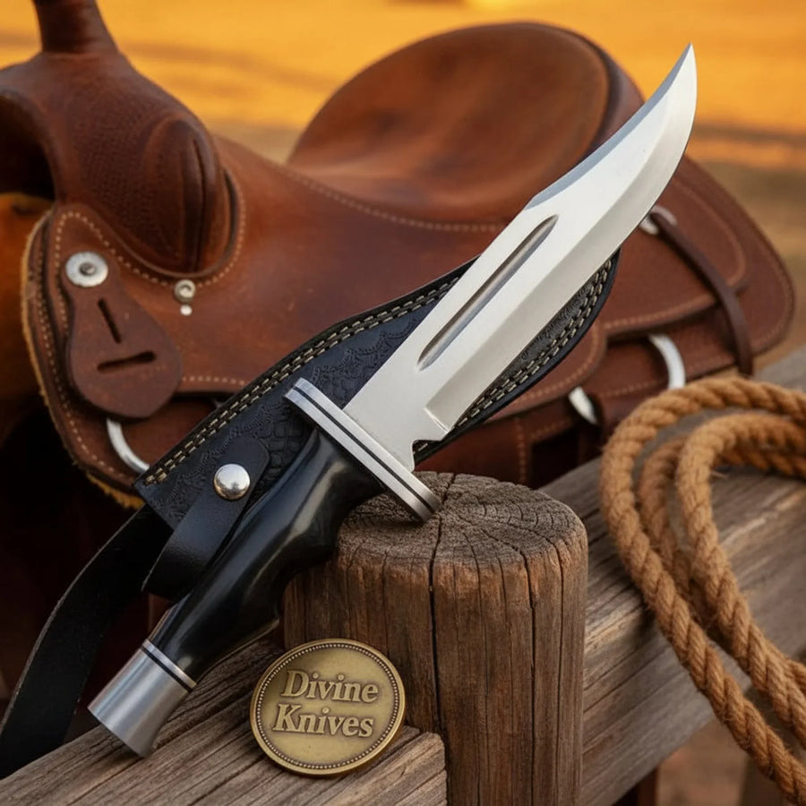 Blood Groove Hunting Knife with Dark Handle and Textured Leather Sheath