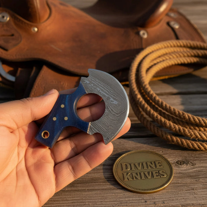 Mini Pizza Cutter Ulu Knife with Wood Grain Damascus Blade