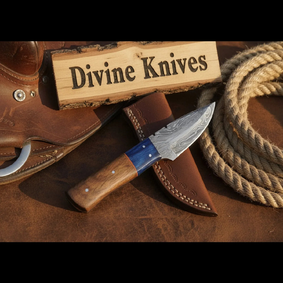 Two-Tone Blue Accent Damascus Knife with Warm Tan Wood Handle