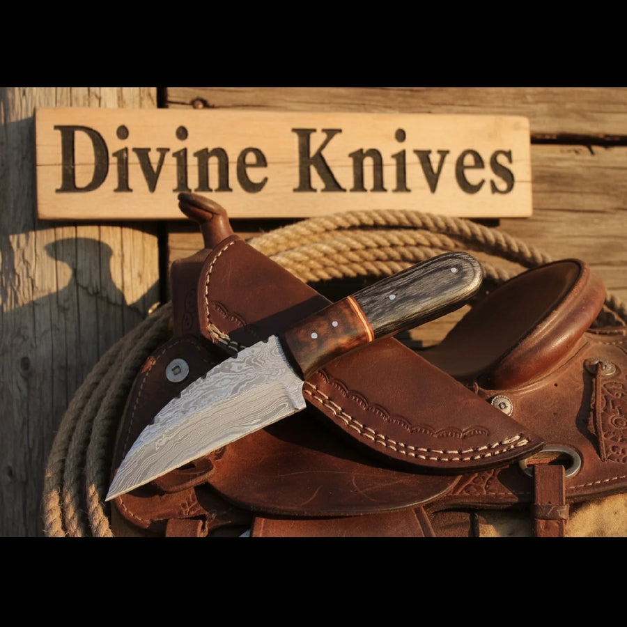 Copper Banded Two-Tone Wood Damascus Clip Point Hunting Knife