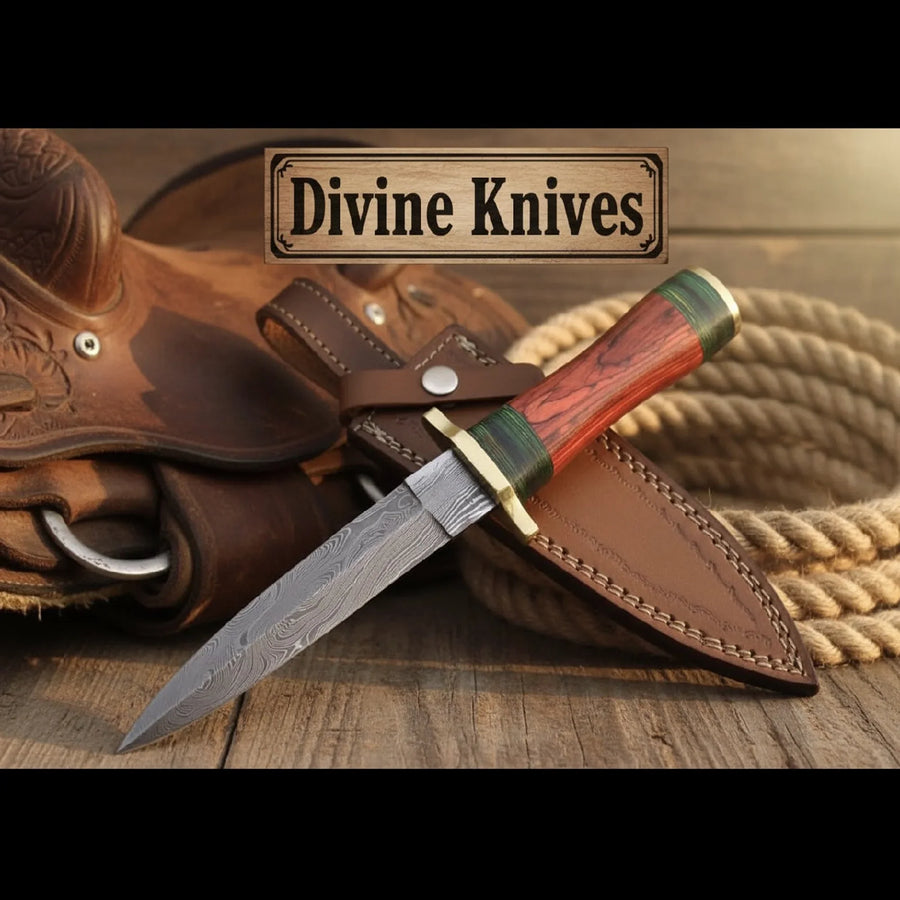 Minimalist Dark Wood Damascus Knife with a Single Green Ring Detail