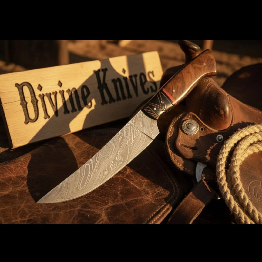 Brown Wood Damascus Knife Accented with a Bold Red Band