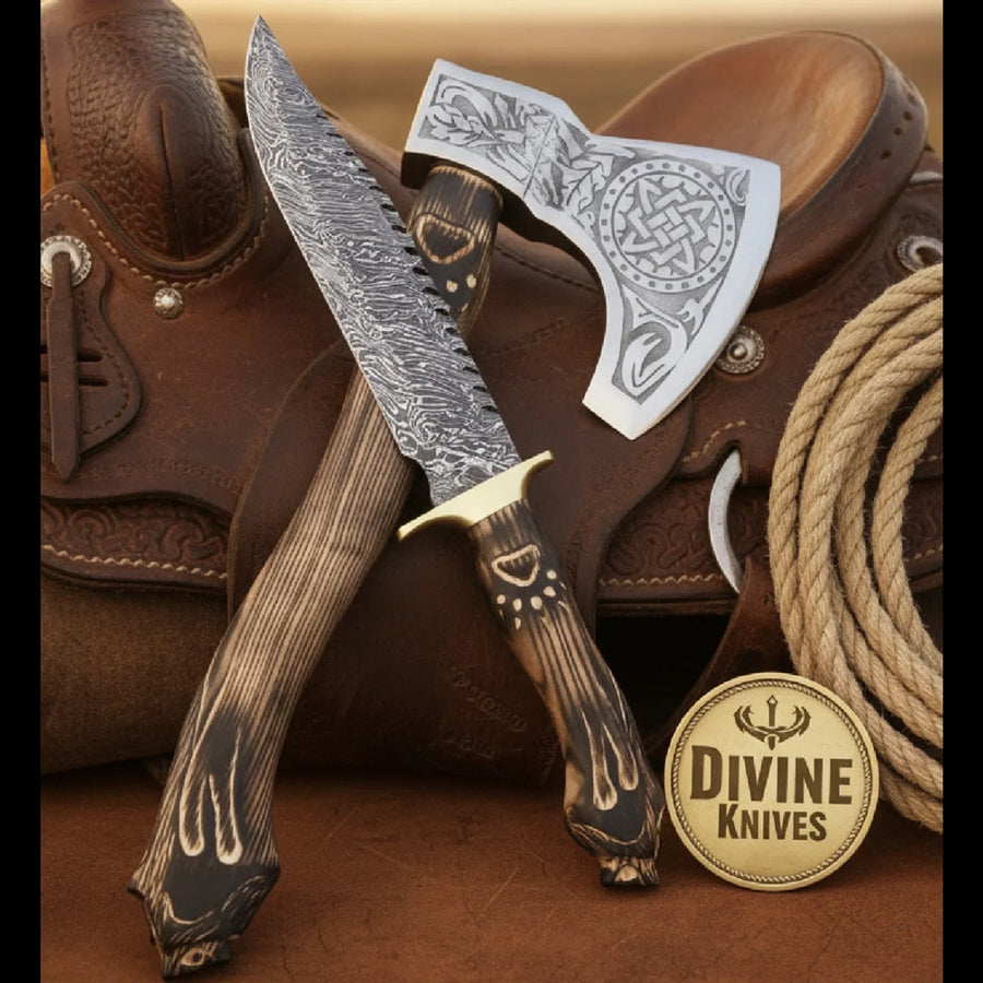 Wolf Head Damascus Bowie Knife with Matching Celtic Tomahawk Axe