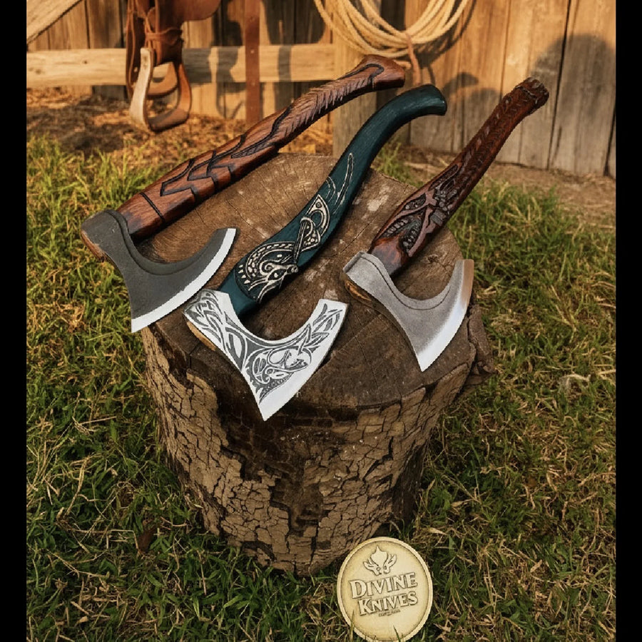 Hand Forged Bearded Axe Set with Carved Wood Handles (Set of 3)