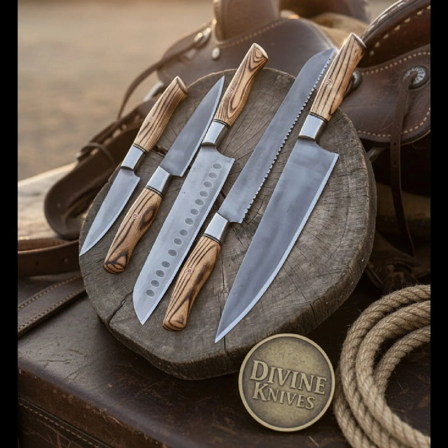Pakka Wood Handle Chef & Santoku Knife Set – 5 Pieces
