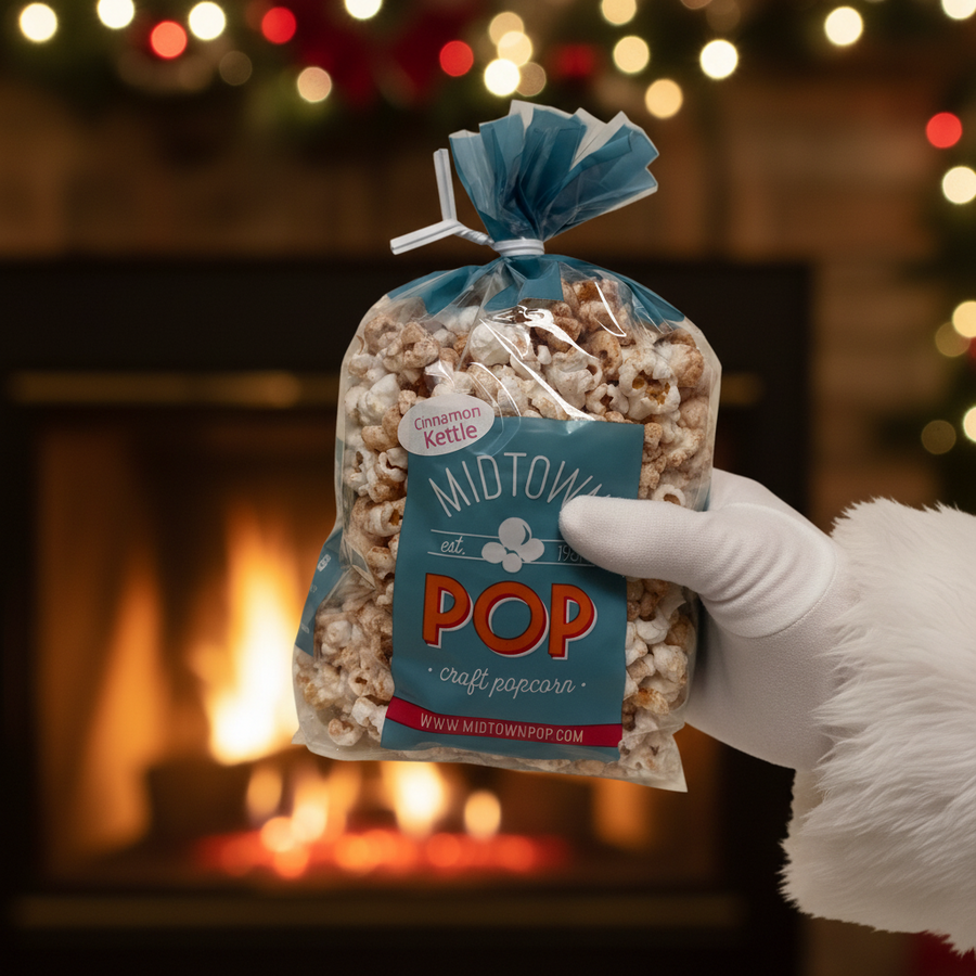 Cinnamon kettle corn displayed on a Christmas table