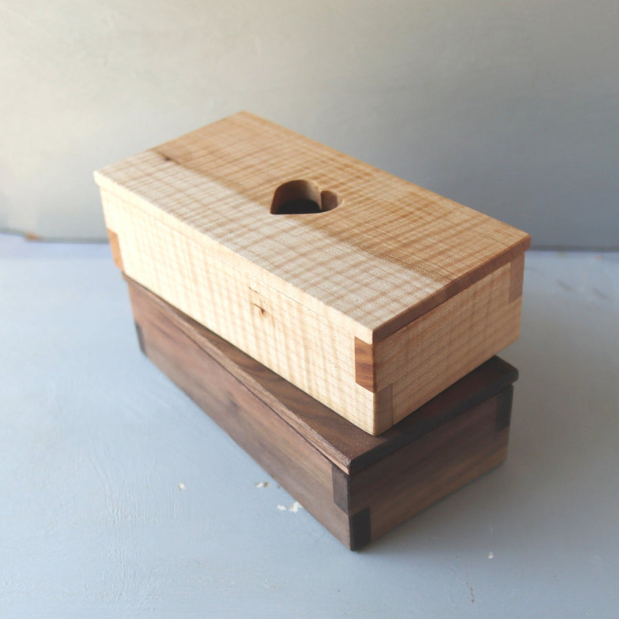 Hardwood keepsake box with a heart-shaped opening in the lid.