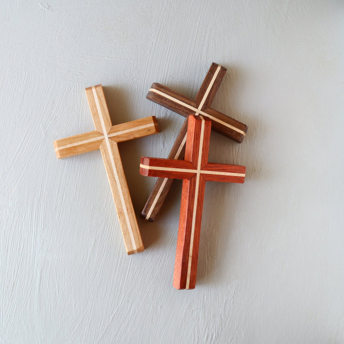 Thinline layered wood cross with contrasting natural colors.