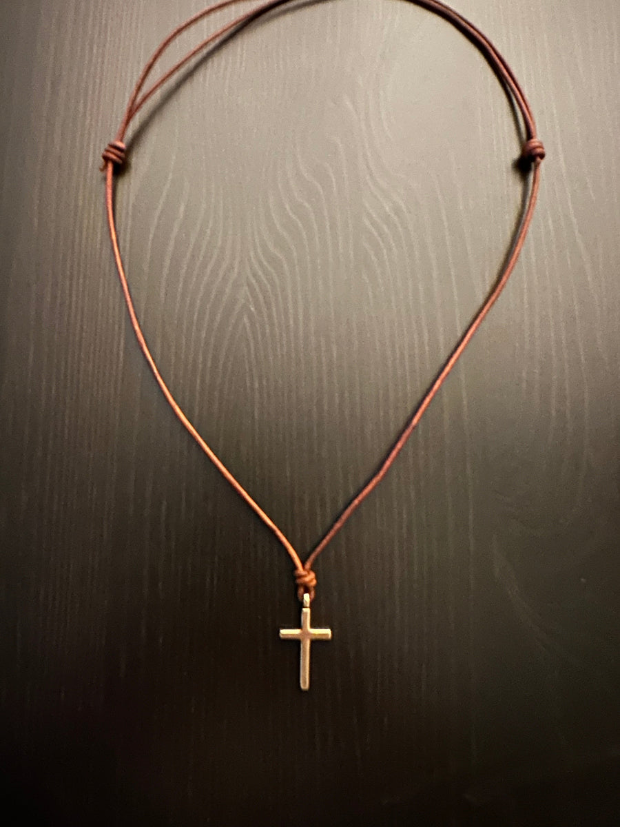Full view of adjustable leather cord and Classic Cross pendant