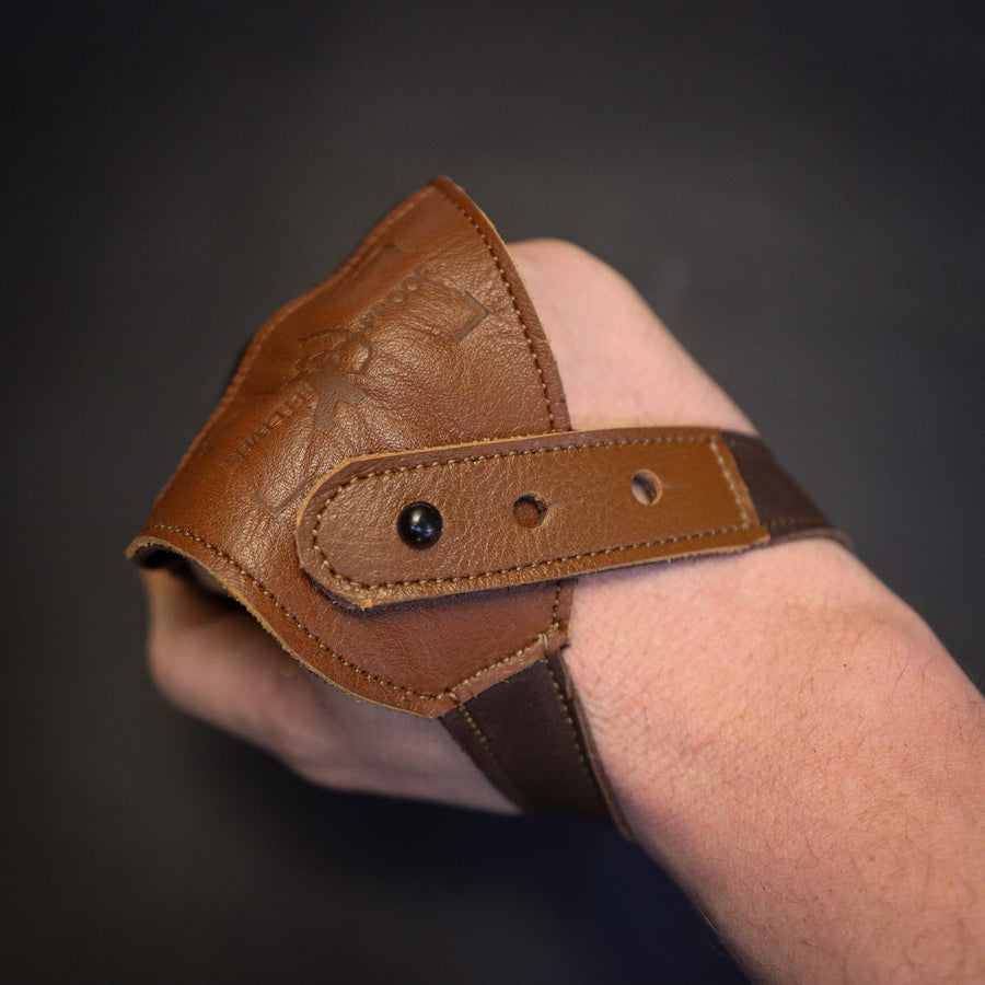 Leather Archery Shooting Glove — wrist closure on worn glove