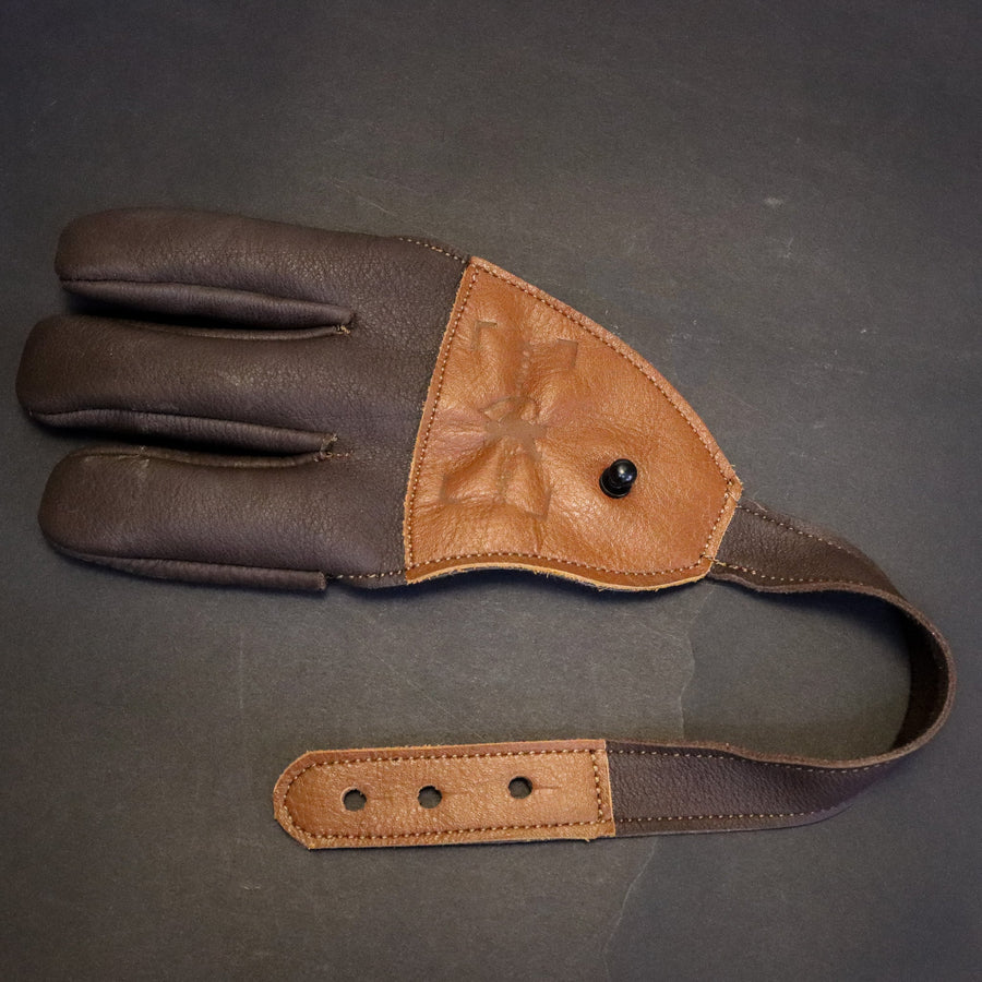 Leather Archery Shooting Glove — glove and wrist strap laid flat