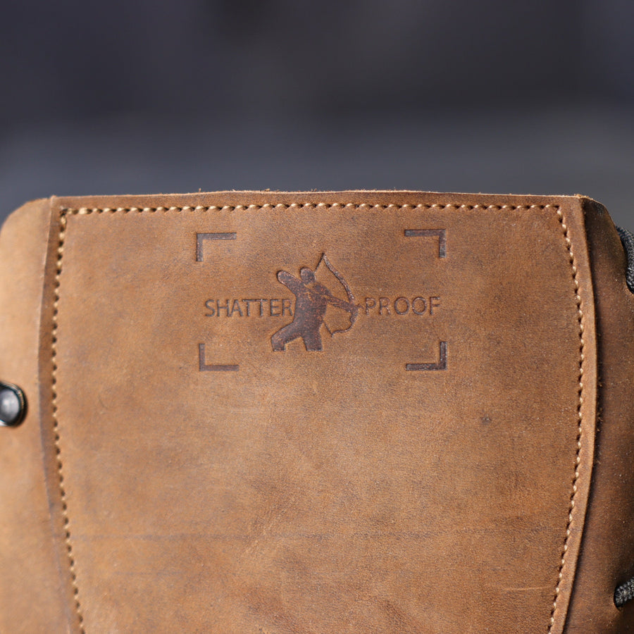 Ultimate Leather Archery Armguard — leather stitching and logo detail
