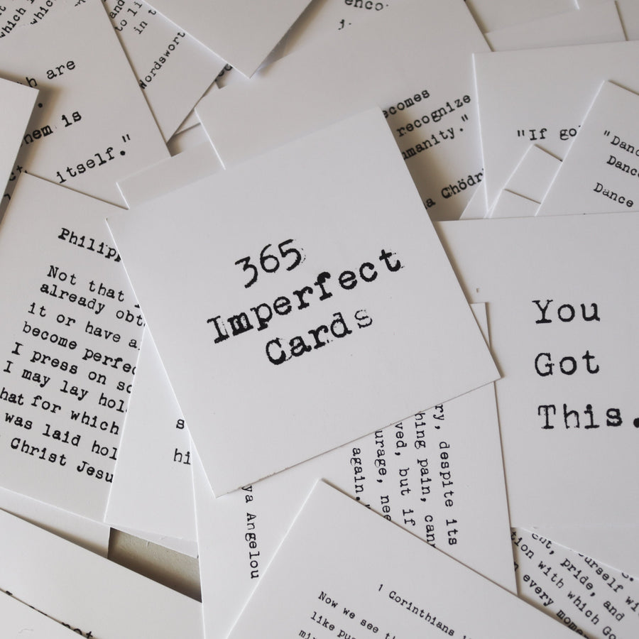 Printed quote and reflection cards from the 365 Imperfect Cards collection.