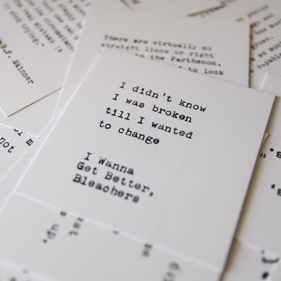 Printed quote and reflection cards from the 365 Imperfect Cards collection.