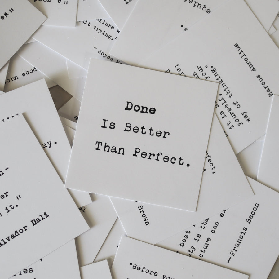 Printed quote and reflection cards from the 365 Imperfect Cards collection.