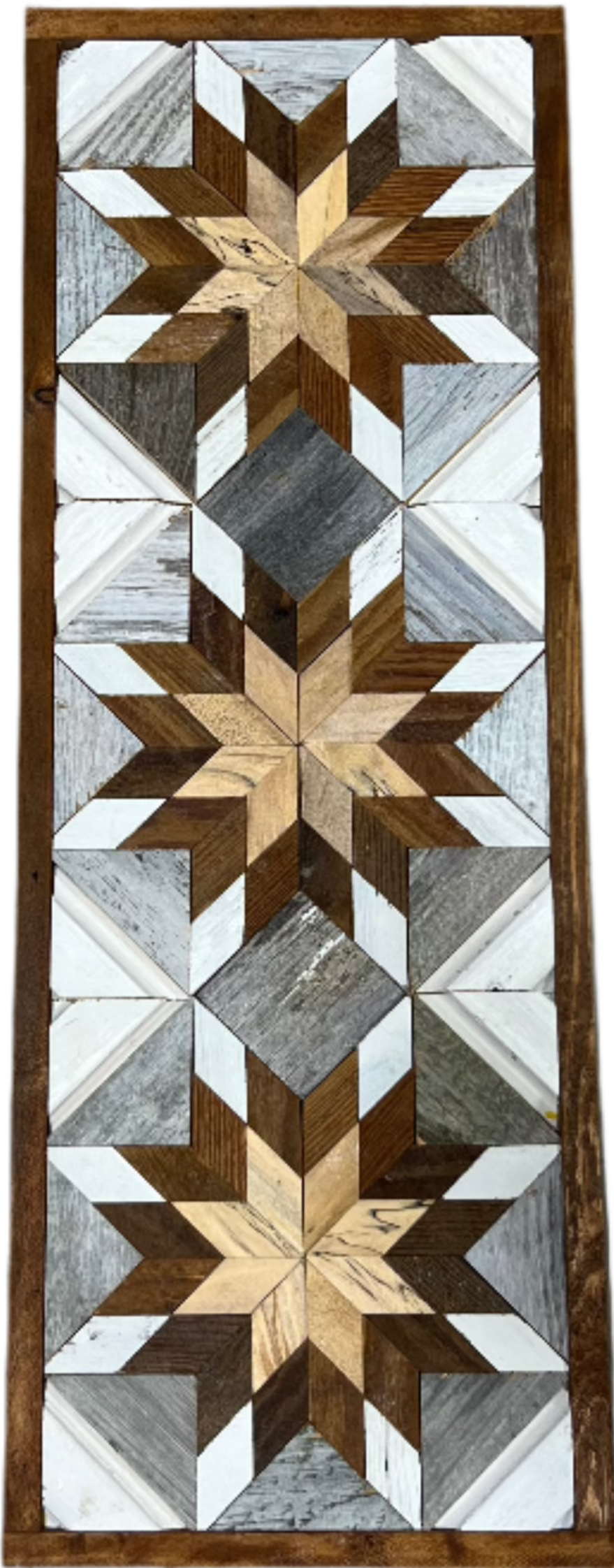 Tall reclaimed-wood barn quilt banner with a hand-painted geometric star design