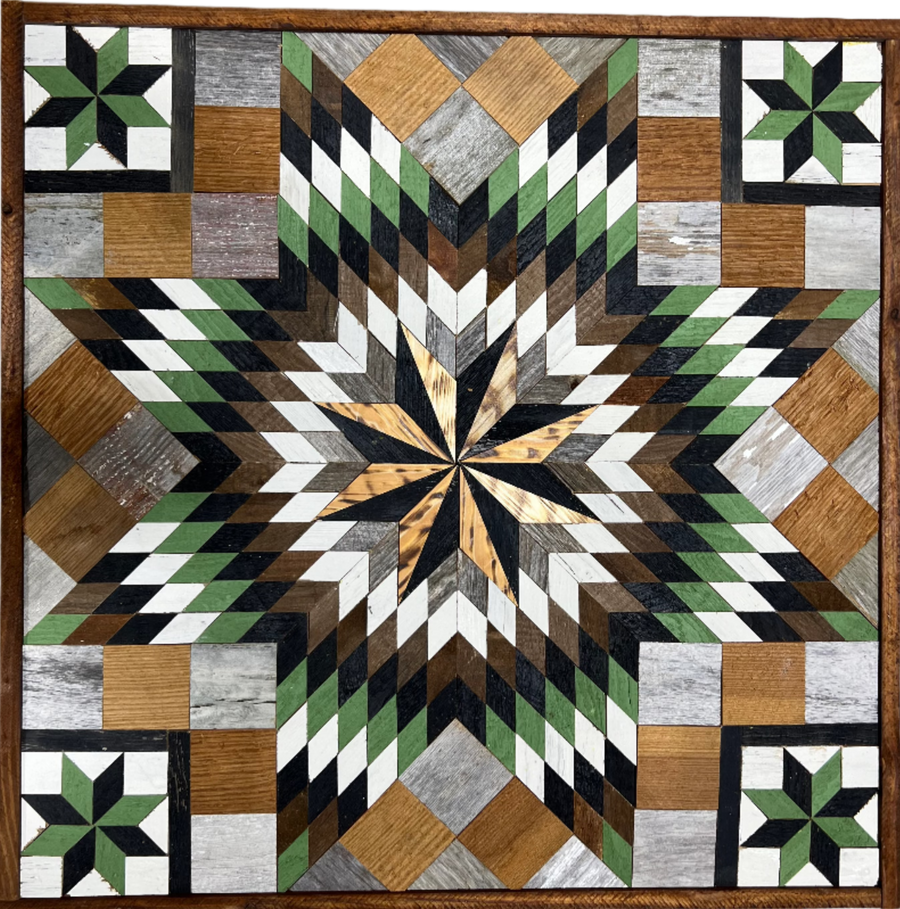 Individual reclaimed-wood barn quilt with a hand-painted geometric star design