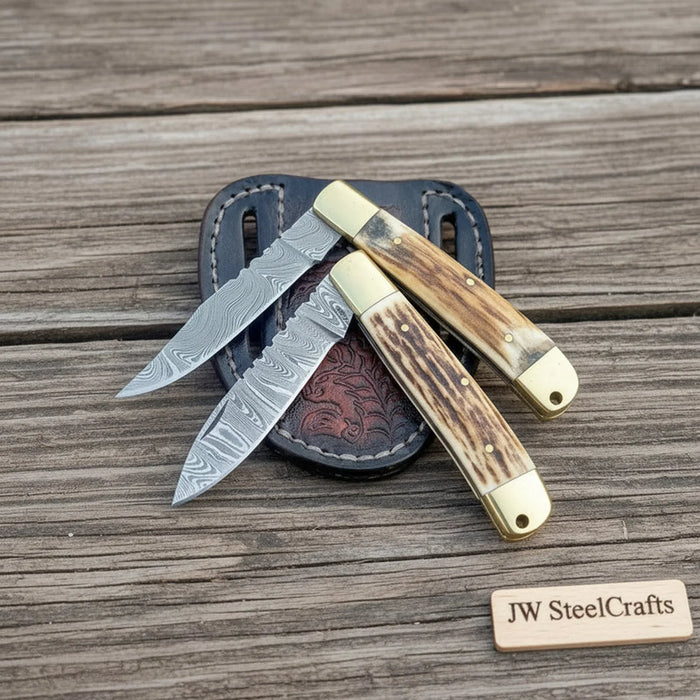 Damascus Stag Lockback Folding Knife Set of 2 Synthetic Stag Handle Brass Bolster Slip Joint EDC