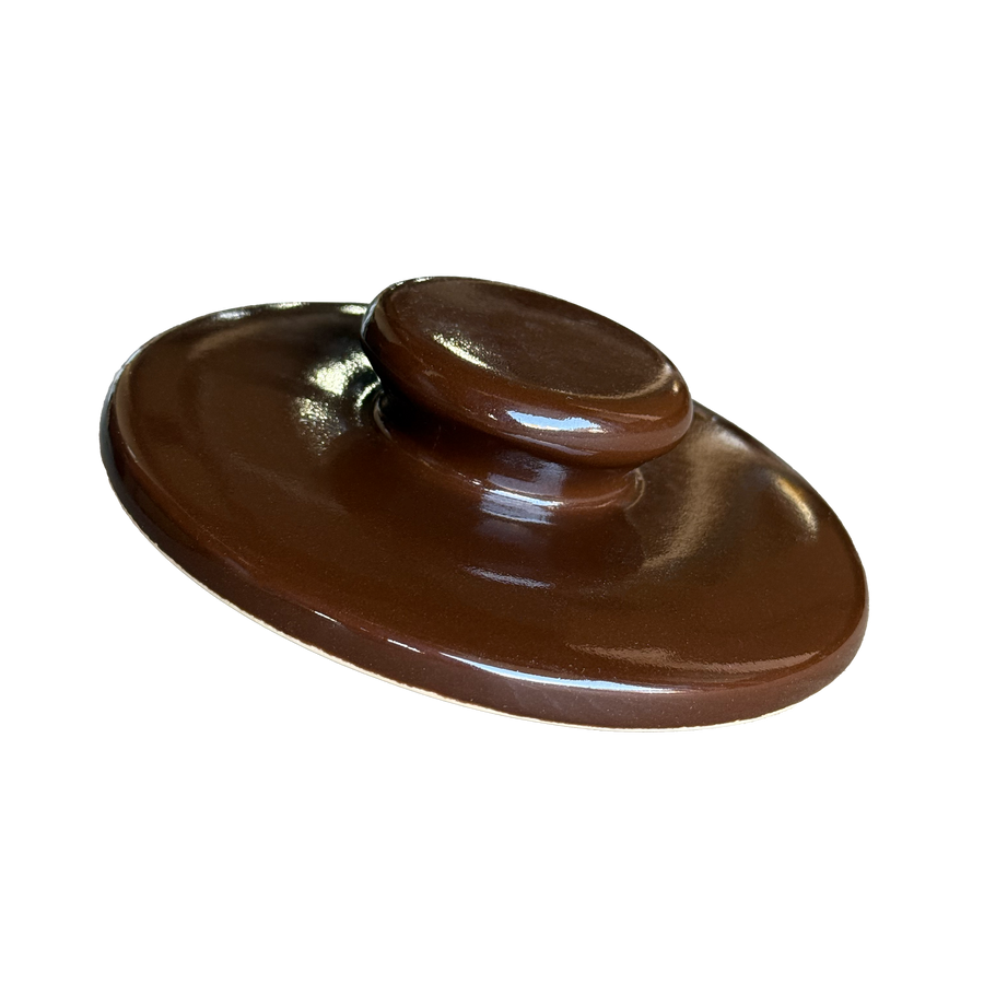 Brown glazed bean-pot replacement lid with raised knob