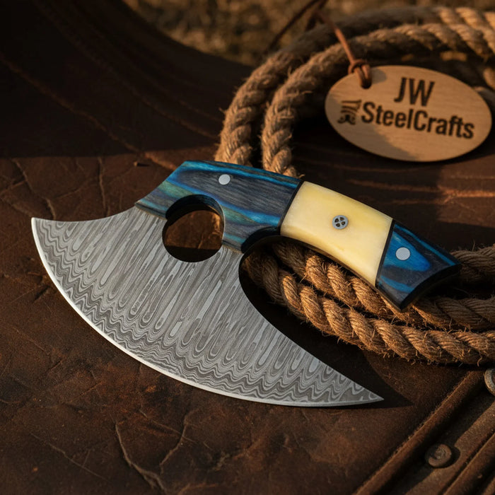 Damascus Alaskan Bearded Axe Damascus Blade Camel Bone Blue Pakka Wood Handle Pizza Cutter