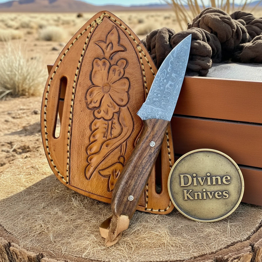 Blue Handle Damascus Bull Cutter Knife for Outdoor Use