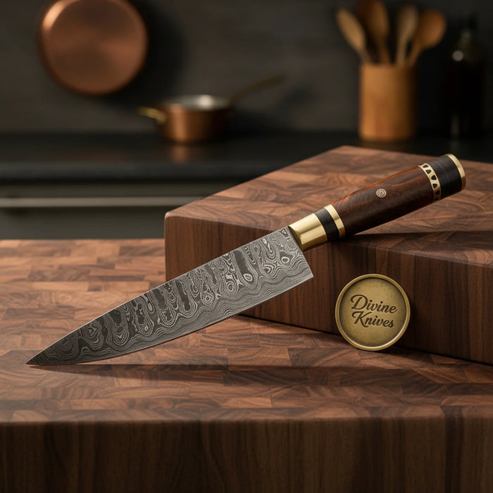 Two-Tone Wood Chef Knife with Brass Ring Accents for Everyday Kitchen Prep