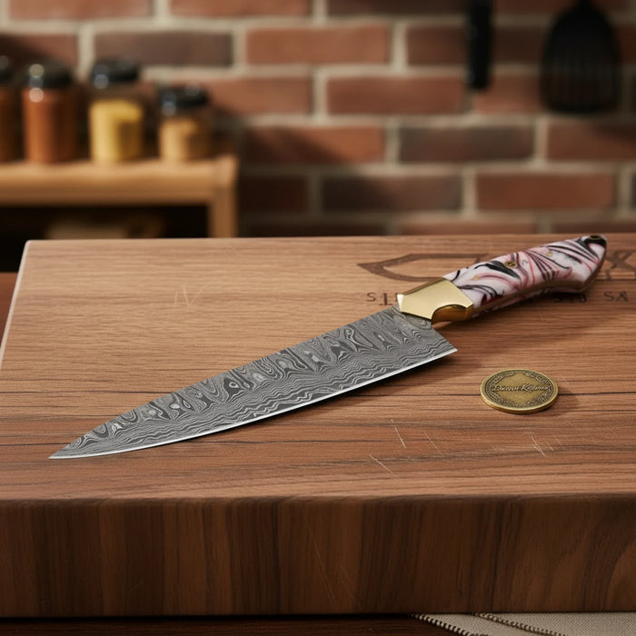 Handmade Chef Knife with Pink Resin Handle