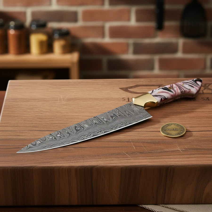 Handmade Chef Knife with Pink Resin Handle